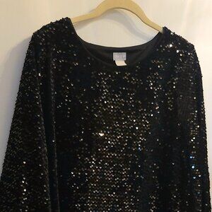 Chico’s Bell Sleeve Black Sequin Velour Short Dress, size L